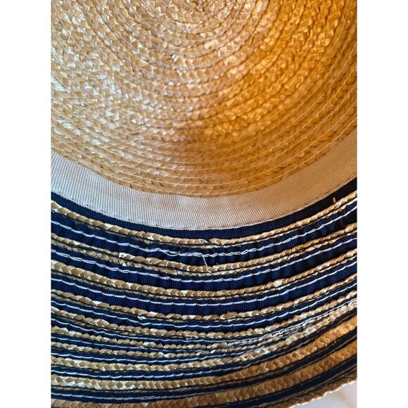 Classic Straw Beach Sun Hat Wide Black Striped Brim One Size - Picture 4 of 5